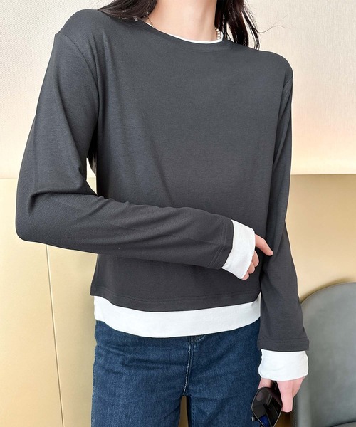 aimoha(アイモハ)の「重ね着風デザイン長袖トップス(Tシャツ/カットソー・レディース・ブラック/ベージュ/チョコ/ダークグレー・FREE)」の11枚目の写真