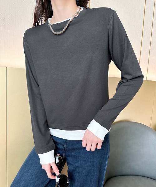 aimoha(アイモハ)の「重ね着風デザイン長袖トップス(Tシャツ/カットソー・レディース・ブラック/ベージュ/チョコ/ダークグレー・FREE)」の12枚目の写真
