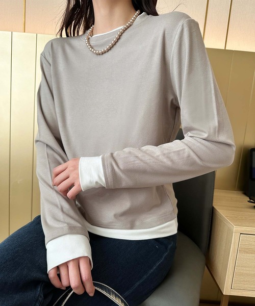 aimoha(アイモハ)の「重ね着風デザイン長袖トップス(Tシャツ/カットソー・レディース・ブラック/ベージュ/チョコ/ダークグレー・FREE)」の18枚目の写真