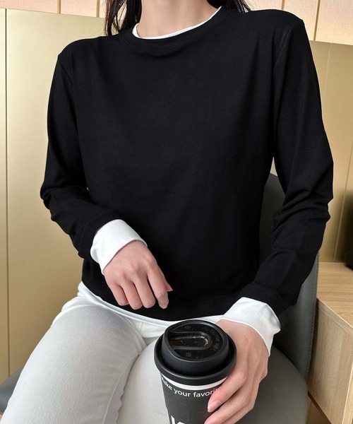 aimoha(アイモハ)の「重ね着風デザイン長袖トップス(Tシャツ/カットソー・レディース・ブラック/ベージュ/チョコ/ダークグレー・FREE)」の8枚目の写真