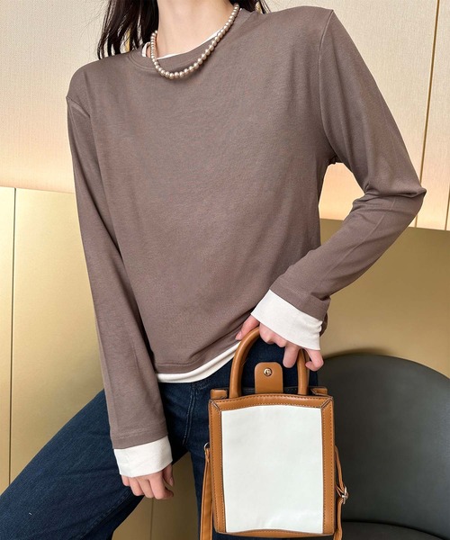aimoha(アイモハ)の「重ね着風デザイン長袖トップス(Tシャツ/カットソー・レディース・ブラック/ベージュ/チョコ/ダークグレー・FREE)」の14枚目の写真