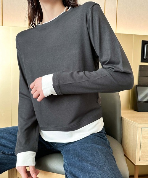 aimoha(アイモハ)の「重ね着風デザイン長袖トップス(Tシャツ/カットソー・レディース・ブラック/ベージュ/チョコ/ダークグレー・FREE)」の10枚目の写真