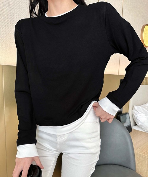 aimoha(アイモハ)の「重ね着風デザイン長袖トップス(Tシャツ/カットソー・レディース・ブラック/ベージュ/チョコ/ダークグレー・FREE)」の6枚目の写真