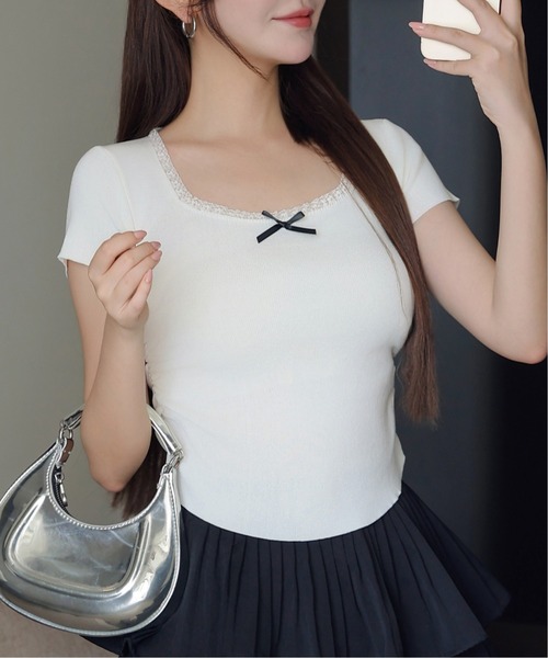 FINEnough(ファインナフ)の「リボン付きクルーネックレース半袖ニットトップス(ニット/セーター・レディース・ホワイト/イエロー/グリーン/ブラック・FREE)」の11枚目の写真