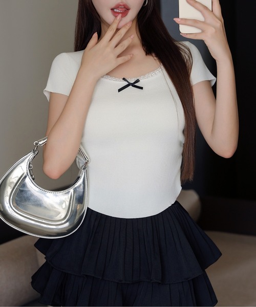 FINEnough(ファインナフ)の「リボン付きクルーネックレース半袖ニットトップス(ニット/セーター・レディース・ホワイト/イエロー/グリーン/ブラック・FREE)」の10枚目の写真