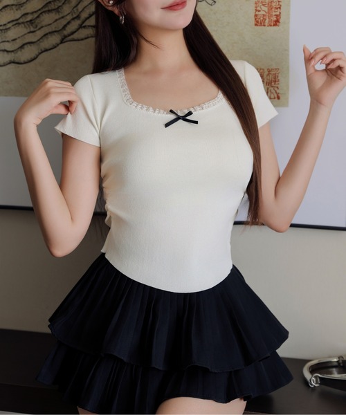 FINEnough(ファインナフ)の「リボン付きクルーネックレース半袖ニットトップス(ニット/セーター・レディース・ホワイト/イエロー/グリーン/ブラック・FREE)」の8枚目の写真
