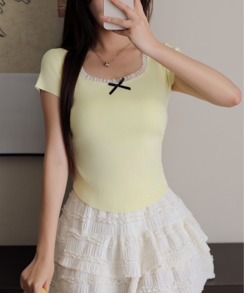FINEnough(ファインナフ)の「リボン付きクルーネックレース半袖ニットトップス(ニット/セーター・レディース・ホワイト/イエロー/グリーン/ブラック・FREE)」の17枚目の写真