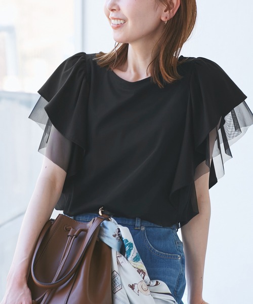 ROPE' PICNIC(ロペピクニック)の「【UVカット・接触冷感】Cutee チュールレイヤード風フリルトップス(Tシャツ/カットソー・レディース・ブラック/ホワイト/ブルー系その他4/ライトグリーン/ダークブラウン・38)」の2枚目の写真