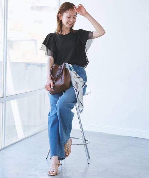 ROPE' PICNIC(ロペピクニック)の「【UVカット・接触冷感】Cutee チュールレイヤード風フリルトップス(Tシャツ/カットソー・レディース・ブラック/ホワイト/ブルー系その他4/ライトグリーン/ダークブラウン・38)」の6枚目の写真