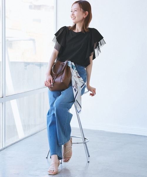 ROPE' PICNIC(ロペピクニック)の「【UVカット・接触冷感】Cutee チュールレイヤード風フリルトップス(Tシャツ/カットソー・レディース・ブラック/ホワイト/ブルー系その他4/ライトグリーン/ダークブラウン・38)」の7枚目の写真