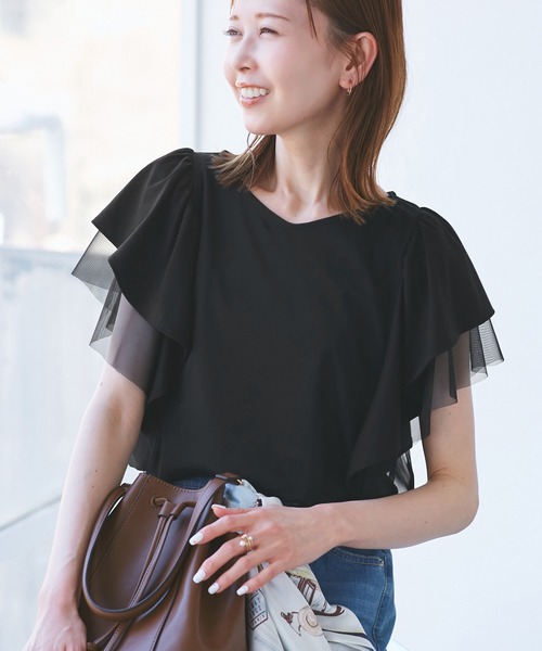 ROPE' PICNIC(ロペピクニック)の「【UVカット・接触冷感】Cutee チュールレイヤード風フリルトップス(Tシャツ/カットソー・レディース・ブラック/ホワイト/ブルー系その他4/ライトグリーン/ダークブラウン・38)」の8枚目の写真