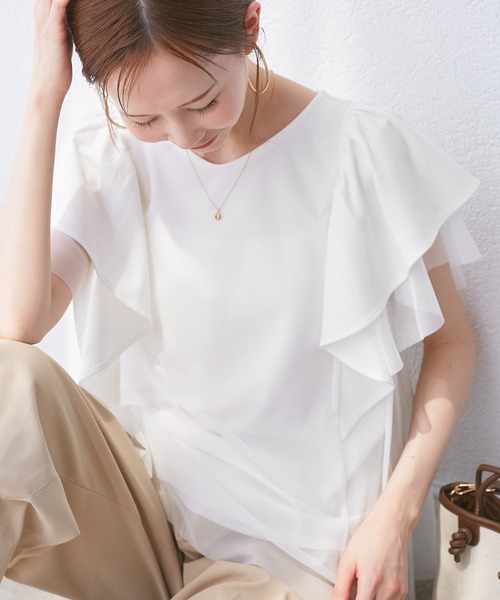 ROPE' PICNIC(ロペピクニック)の「【UVカット・接触冷感】Cutee チュールレイヤード風フリルトップス(Tシャツ/カットソー・レディース・ブラック/ホワイト/ブルー系その他4/ライトグリーン/ダークブラウン・38)」の12枚目の写真