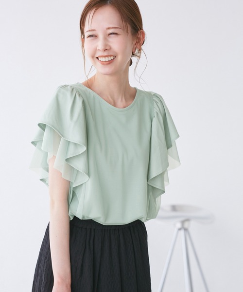 ROPE' PICNIC(ロペピクニック)の「【UVカット・接触冷感】Cutee チュールレイヤード風フリルトップス(Tシャツ/カットソー・レディース・ブラック/ホワイト/ブルー系その他4/ライトグリーン/ダークブラウン・38)」の18枚目の写真