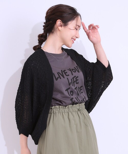Cutie Blonde（キューティーブロンド）の「リネンライク 透かし編みボレロカーディガン（カーディガン/ボレロ・レディース・ブラック/ナチュラル/グリーン系・00）」の4枚目の写真