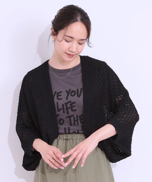 Cutie Blonde（キューティーブロンド）の「リネンライク 透かし編みボレロカーディガン（カーディガン/ボレロ・レディース・ブラック/ナチュラル/グリーン系・00）」の5枚目の写真