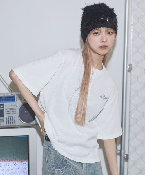 MSG（エムエスジー）の「ドライワッフル刺繍ロゴヘンリーネックハーフスリーブTシャツ サーマル【UNISEX】（Tシャツ/カットソー・メンズ・アイボリー/ブラック/ワイン/ホワイト/グリーン/チャコール/カモフラージュ・S/M/L/XL）」の12枚目の写真
