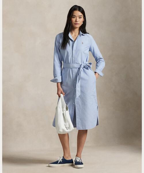 *ラルフローレン ヴィンテージ 80s ベルテッドシャツワンピース 半袖 ブルー ベルテッド ストライプド コットン シャツドレス | ラルフ