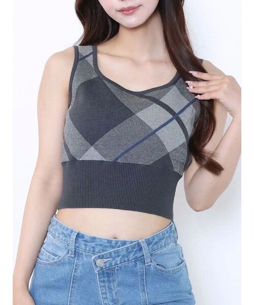 EATME（イートミー）の「チェックニットTOP（ニット/セーター・レディース・ベージュ/オフホワイト/グレー・FREE）」の2枚目の写真