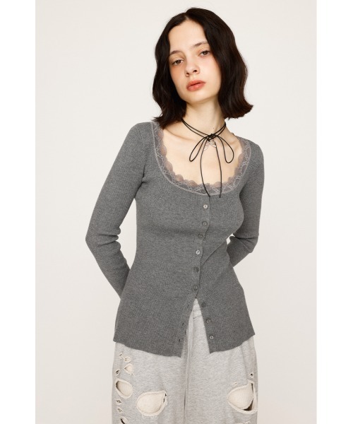 SLY（スライ）の「LACE DOCKING FRONT BUTTON TOPS レース ドッキング フロントボタン トップス 秋服 冬服（ニット/セーター・レディース・アイボリー/ブラック/杢グレー・FREE）」の12枚目の写真