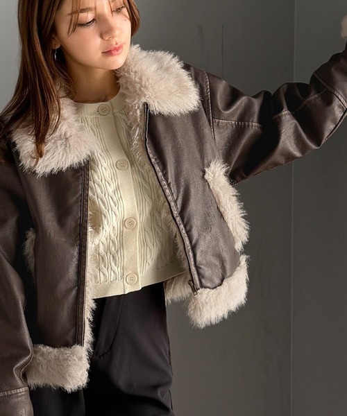 mily bilet(ミウィビレット)の「【mily bilet】“令和版甘辛MIX”が即完成。ヴィンテージライク ダメージフェイクレザーファー付きブルゾン(ブルゾン・レディース・ブラウン/ブラック・LARGE/MEDIUM/X-LARGE/SMALL)」の6枚目の写真