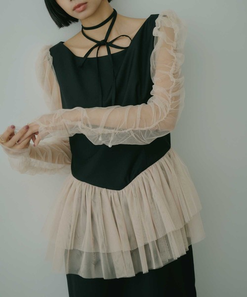 チョーカー付きチュールスリーブドレス VIOLETTA