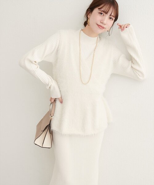 セール】フェザーペプラムベスト+リブタイトワンピースSET（ワンピース