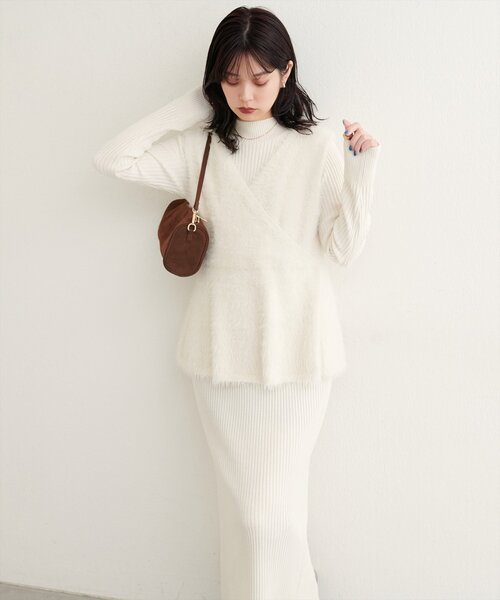 セール】フェザーペプラムベスト+リブタイトワンピースSET（ワンピース