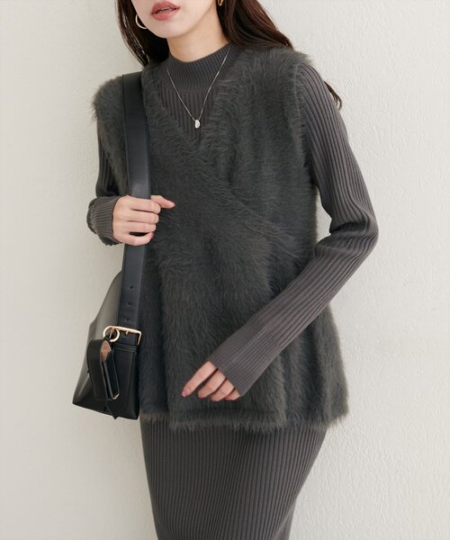 フェザーペプラムベスト+リブタイトワンピースSET（ワンピース