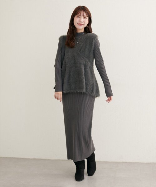 セール】フェザーペプラムベスト+リブタイトワンピースSET（ワンピース