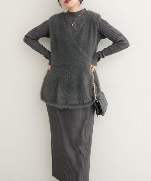 【新品◎】natural couturフェザーペプラムベストリブタイトワンピース natural couture ワンピース フェザーペプラムベスト+リブタイト