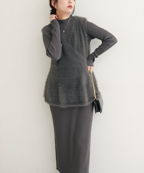 natural coutureフェザーペプラムベスト+リブタイトワンピース natural couture｜フェザーペプラムベスト+リブタイトワンピースSET