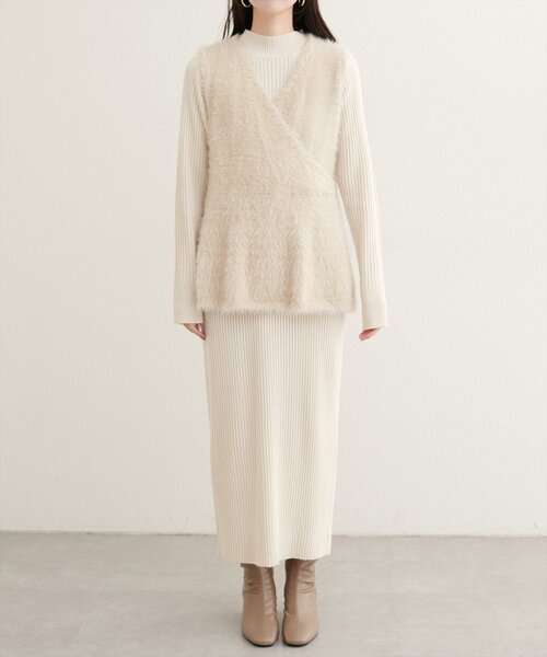 セール】フェザーペプラムベスト+リブタイトワンピースSET