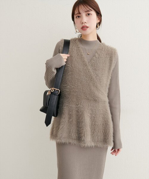 セール】フェザーペプラムベスト+リブタイトワンピースSET