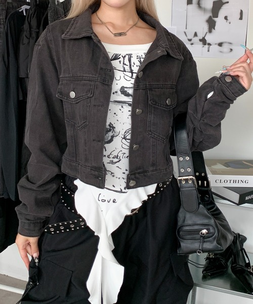 lilful（リルフル）の「クロップド丈 袖ギャザー デニムジャケット（ブルゾン・レディース・ブラック・M/L）」の18枚目の写真