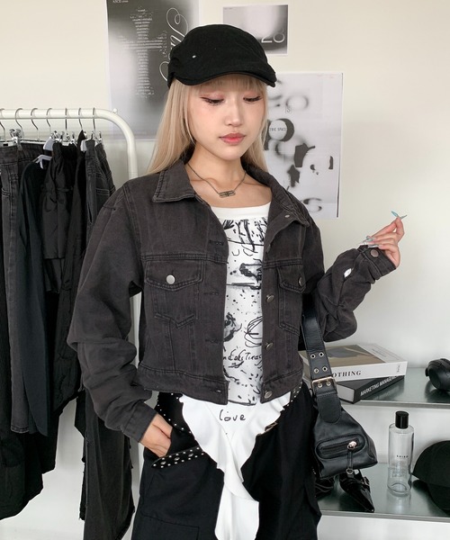 lilful（リルフル）の「クロップド丈 袖ギャザー デニムジャケット（ブルゾン・レディース・ブラック・M/L）」の19枚目の写真