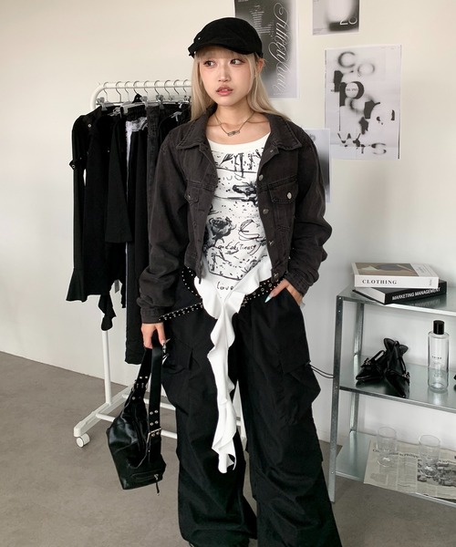 lilful（リルフル）の「クロップド丈 袖ギャザー デニムジャケット（ブルゾン・レディース・ブラック・M/L）」の21枚目の写真