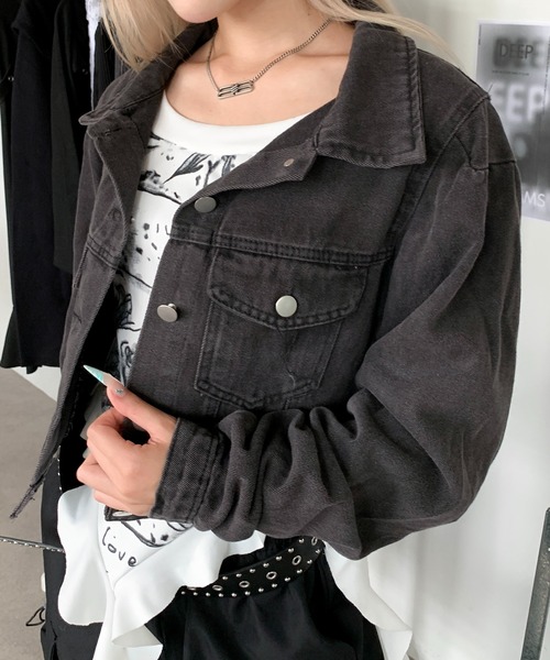 lilful（リルフル）の「クロップド丈 袖ギャザー デニムジャケット（ブルゾン・レディース・ブラック・M/L）」の17枚目の写真