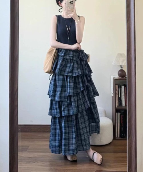 gossip!ロサンゼルス(ゴシップロサンゼルス)の「きゅんとするクラシカルチェック柄!ランダム段々重ねフリルアシンメトリーノースリーブマキシワンピース(ワンピース・レディース・チェック・M/L)」の3枚目の写真