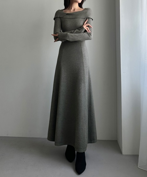 セール】アシメオフショル風ニットフレアワンピ[高身長サイズMT/低身長