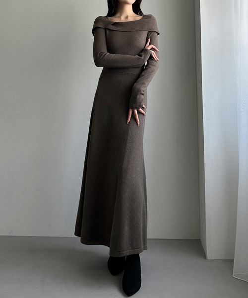 セール】アシメオフショル風ニットフレアワンピ[高身長サイズMT/低身長