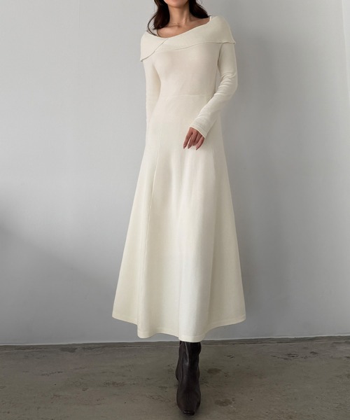 セール】アシメオフショル風ニットフレアワンピ[高身長サイズMT/低身長