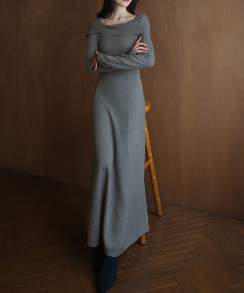 セール】アシメオフショル風ニットフレアワンピ[高身長サイズMT/低身長