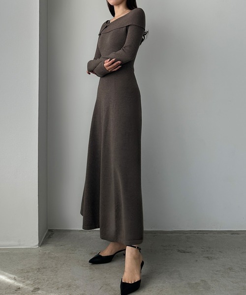 セール】アシメオフショル風ニットフレアワンピ[高身長サイズMT