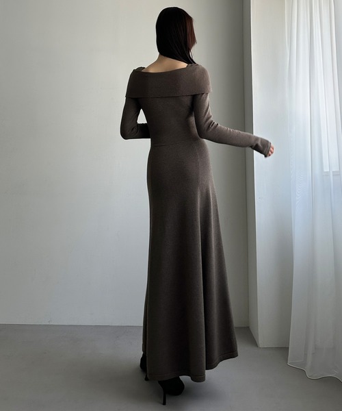 セール】アシメオフショル風ニットフレアワンピ[高身長サイズMT/低身長