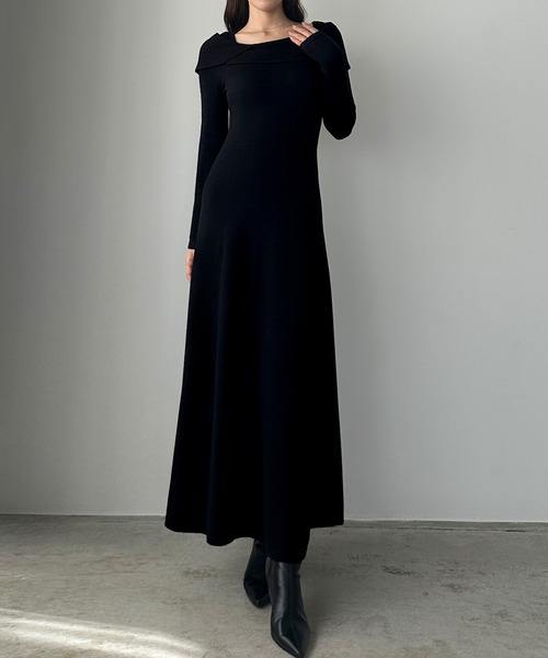 セール】アシメオフショル風ニットフレアワンピ[高身長サイズMT/低身長
