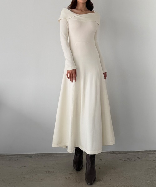 Louere ワンピース アシメオフショル風ニットフレアワンピ アシメオフショル風ニットフレアワンピ[高身長サイズMT/低身長サイズS