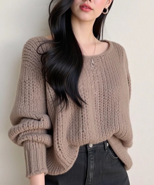 cammie(キャミー)の「透かし編みボリュームスリーブニット(ニット/セーター・レディース・モカ/オフホワイト/グレー・F)」の3枚目の写真