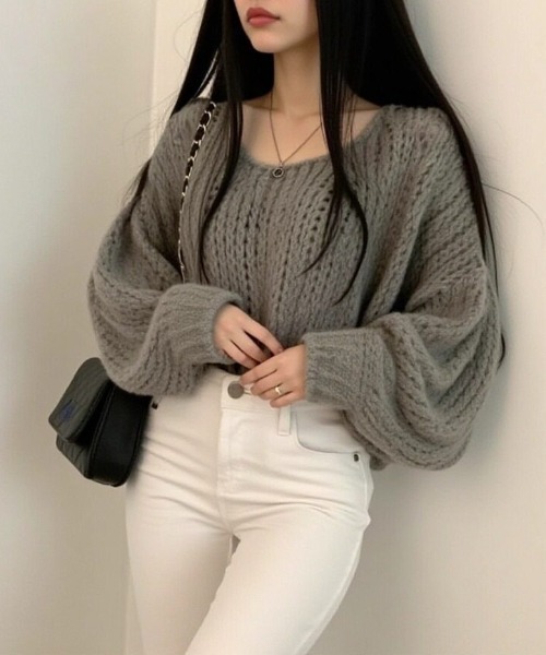 cammie(キャミー)の「透かし編みボリュームスリーブニット(ニット/セーター・レディース・モカ/オフホワイト/グレー・F)」の10枚目の写真