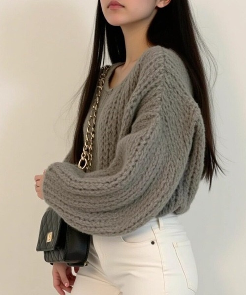 cammie(キャミー)の「透かし編みボリュームスリーブニット(ニット/セーター・レディース・モカ/オフホワイト/グレー・F)」の11枚目の写真
