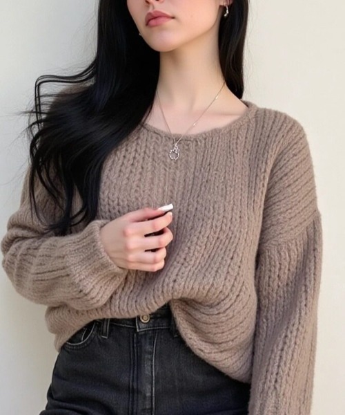 cammie(キャミー)の「透かし編みボリュームスリーブニット(ニット/セーター・レディース・モカ/オフホワイト/グレー・F)」の14枚目の写真
